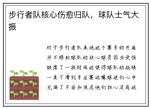 步行者队核心伤愈归队，球队士气大振